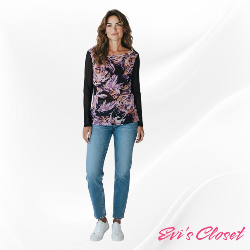 INC International Concepts Women's Purple Floral Mesh Top Blouse Y2K Sz L
